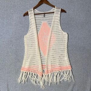 Vanity Womens Large Ivory Crochet Knit Fringe Vest Southwestern Diamond Boho L